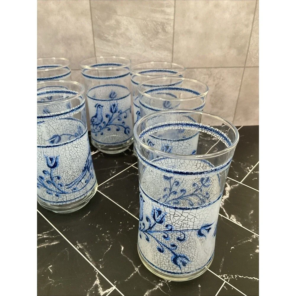 Libbey 10 oz glasses Frosted Blue bird and flower 5.25” X 2.50” Set of 11
